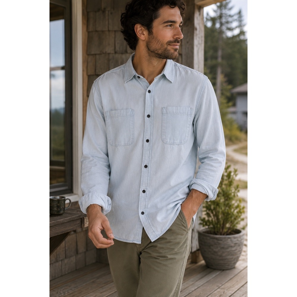 Pact Organic Cotton Chambray Ranch‎ Shirt Snap Front Light Wash Men's L